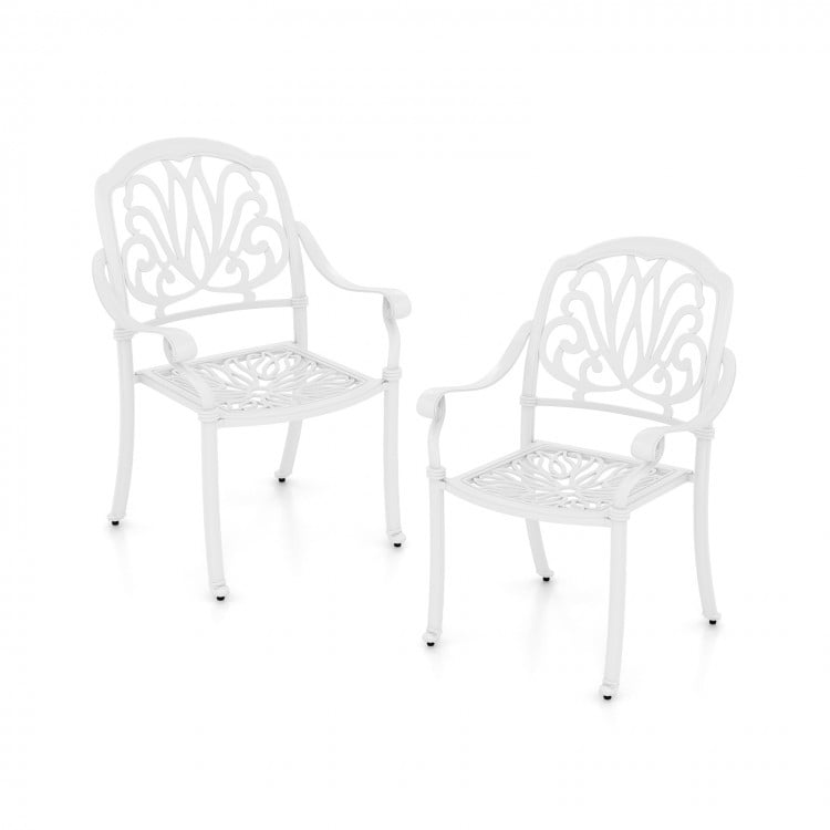 White cast aluminum dining chairs with armrests, stackable design, suitable for outdoor spaces like gardens and patios.