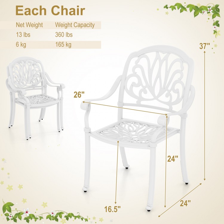White cast aluminum dining chair with armrests, stackable design, 360 lbs capacity, ideal for outdoor spaces.