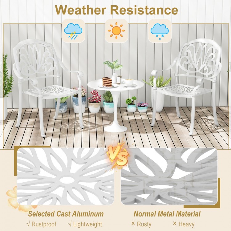 White patio cast aluminum dining chairs with armrests, stackable design, ideal for outdoor spaces like gardens and.