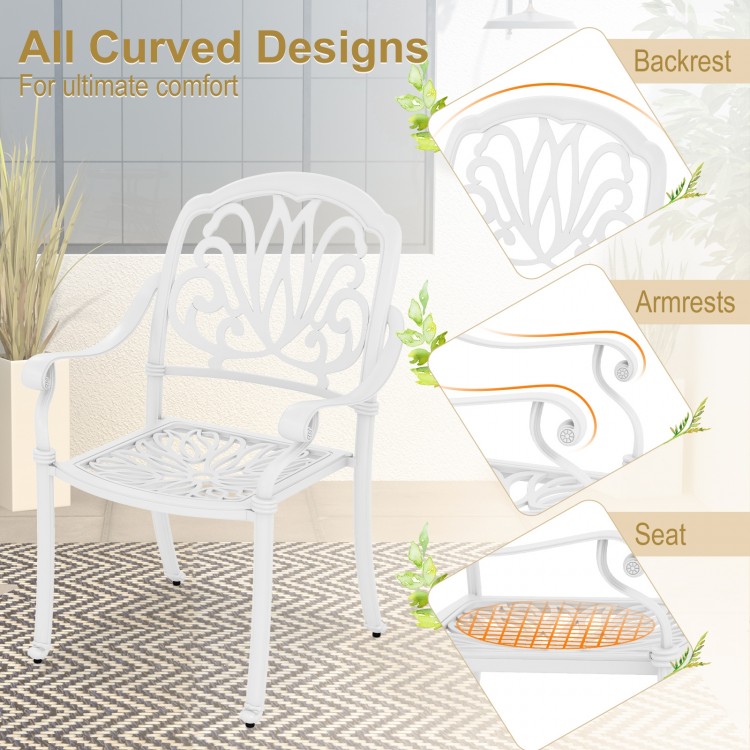 White cast aluminum dining chair with armrests, featuring all curved designs for comfort, ideal for outdoor spaces.