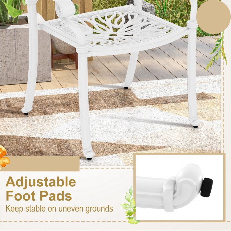 White cast aluminum dining chair with adjustable foot pads for stability on uneven surfaces, perfect for outdoor spaces.