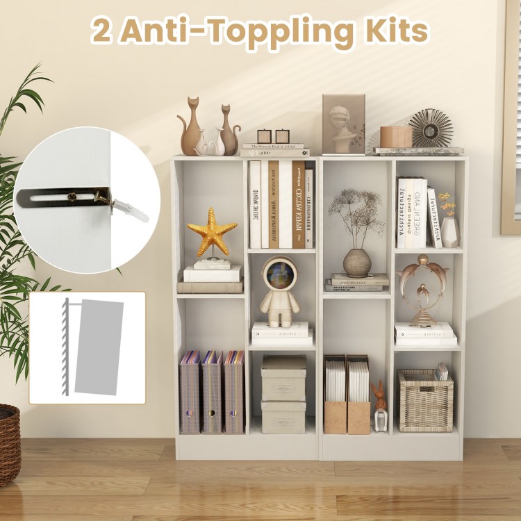 5-cube floor bookcase in white with anti-tipping kits, ideal for books and decorations, featuring a sturdy design.