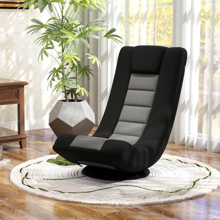 360° swivel gaming chair in black and gray with adjustable backrest, perfect for lounging in living or game rooms.