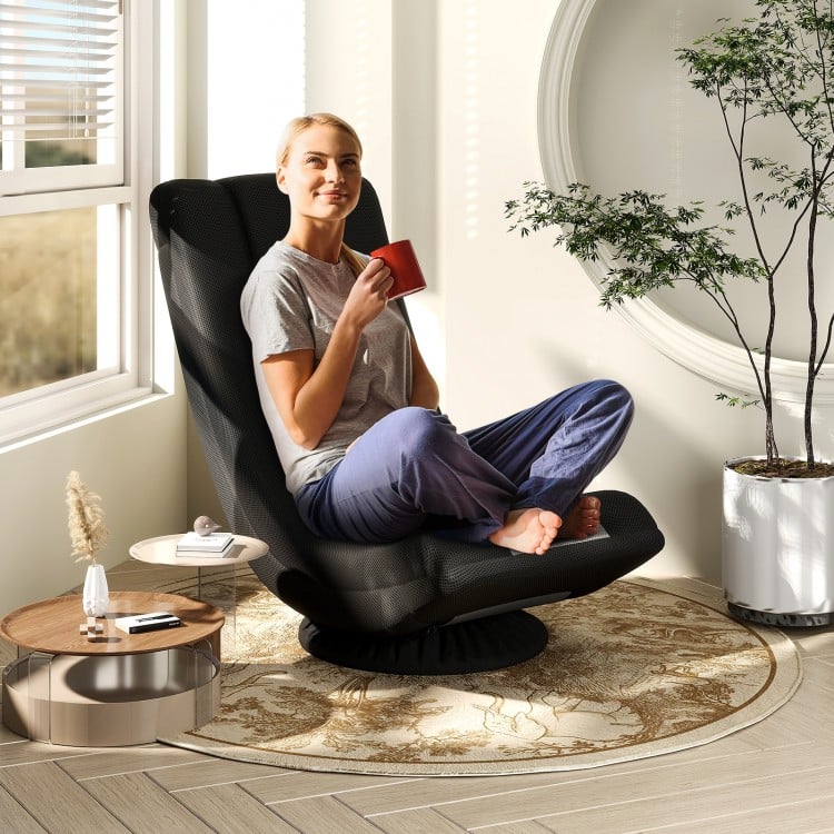 360° swivel gaming chair in black and gray with adjustable backrest, perfect for lounging in living rooms or game rooms.