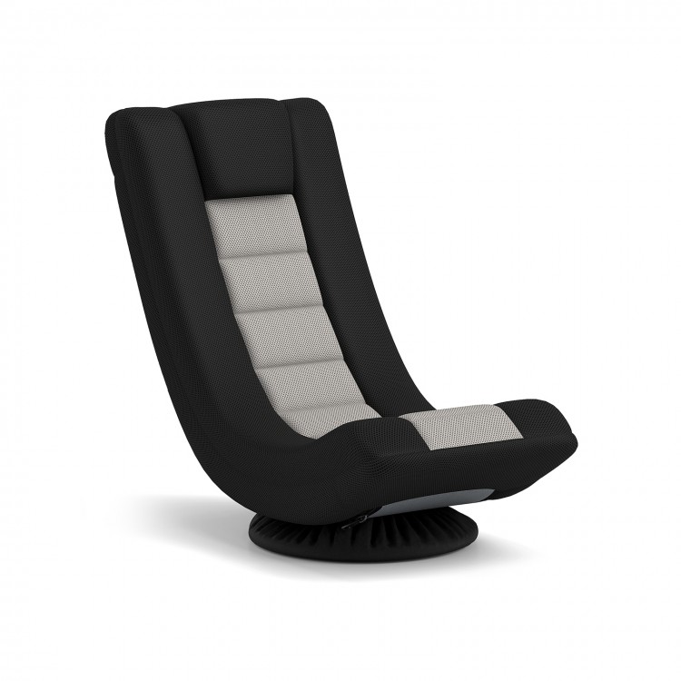 360° swivel gaming chair in black and gray with adjustable backrest, perfect for gaming or lounging in any room.