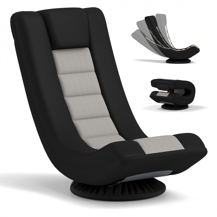 360° swivel gaming chair in black and gray with adjustable backrest, perfect for lounging in game rooms or living.