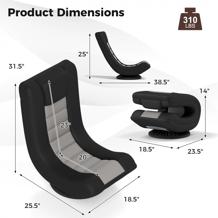 360° swivel gaming chair with adjustable backrest, black and gray upholstery, showcasing product dimensions for.