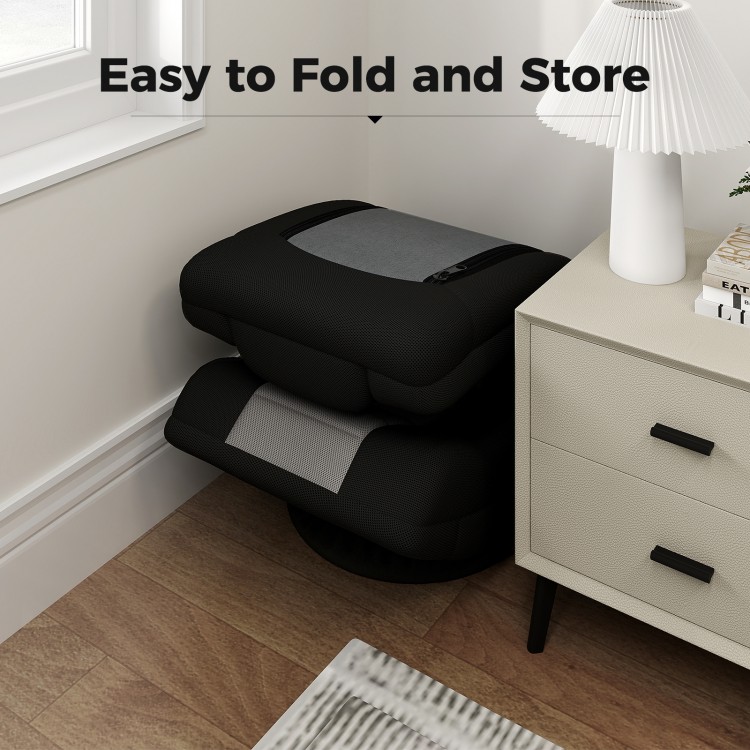360° swivel gaming chair in black and gray, featuring a foldable design for easy storage in any room.