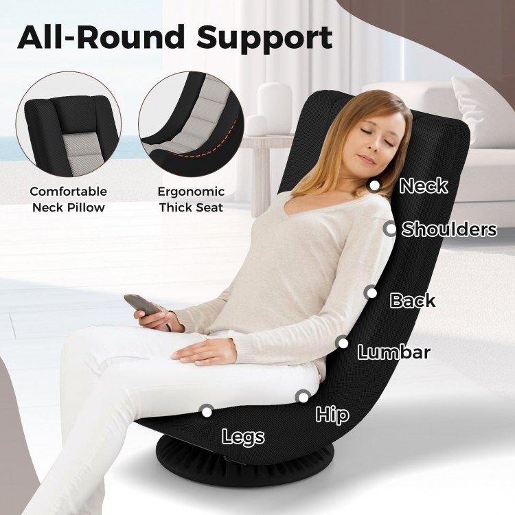 360° swivel gaming chair in black and gray, featuring adjustable backrest and all-round support for comfort.