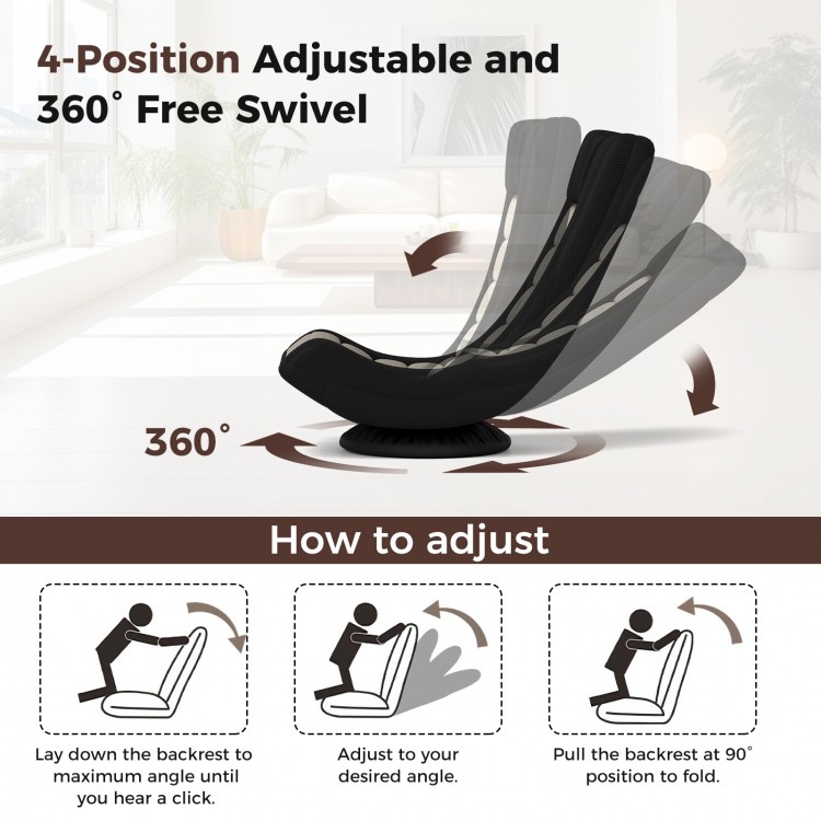 360° swivel gaming chair in black and gray with 4 adjustable positions for versatile lounging in any room.