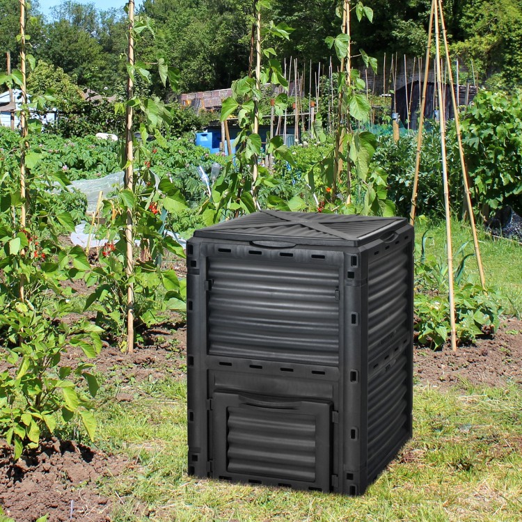 80-gallon black outdoor composter with open lid and bottom exit door, ideal for garden clipping disposal and fertilizer.