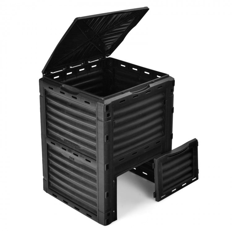 80-gallon outdoor composter in black with large openable lid and bottom exit door for easy access and composting.