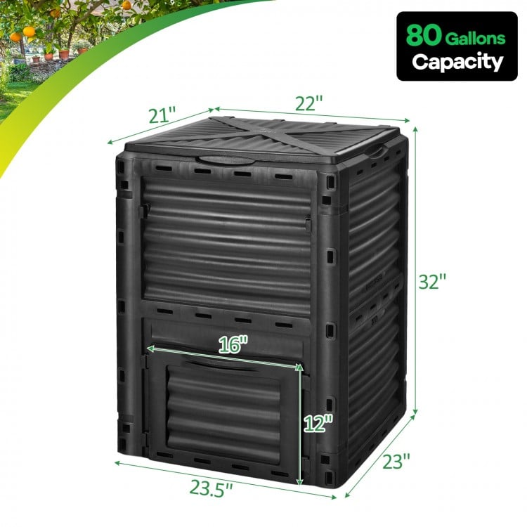 80-gallon outdoor composter in black with large openable lid and bottom exit door for easy access to compost.