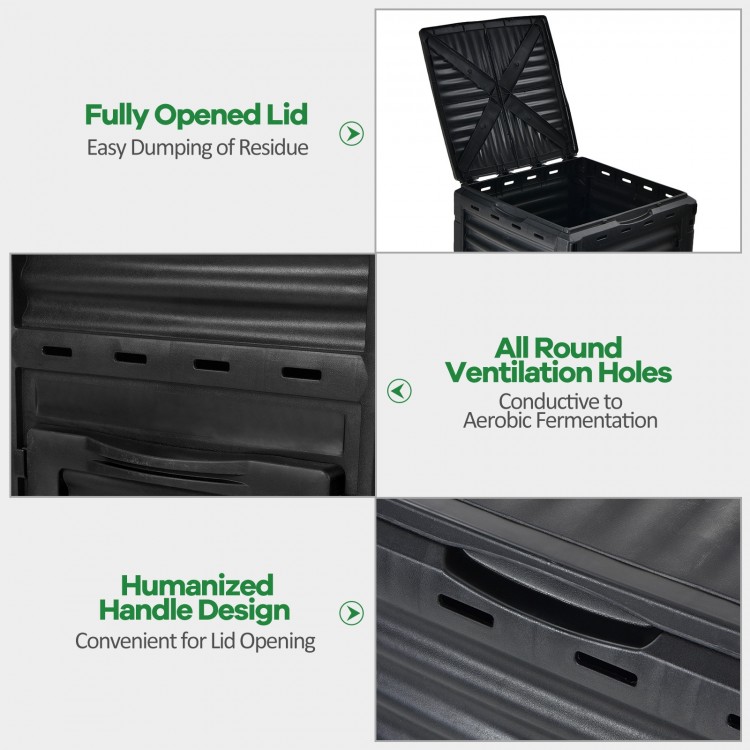 80-gallon outdoor composter with large openable lid and ventilation holes for efficient aerobic fermentation.