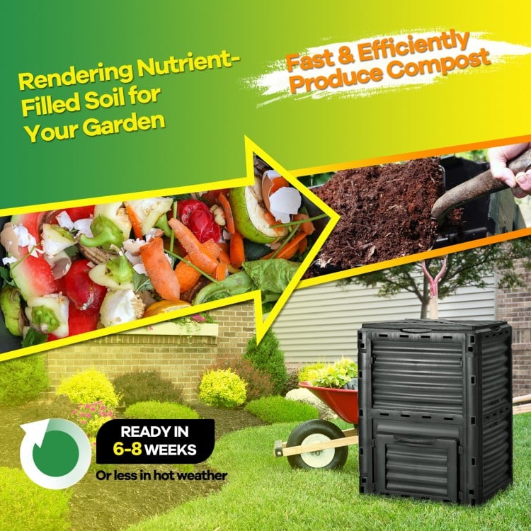 80-gallon outdoor composter in black with large openable lid and bottom exit door for easy composting and fertilizer.
