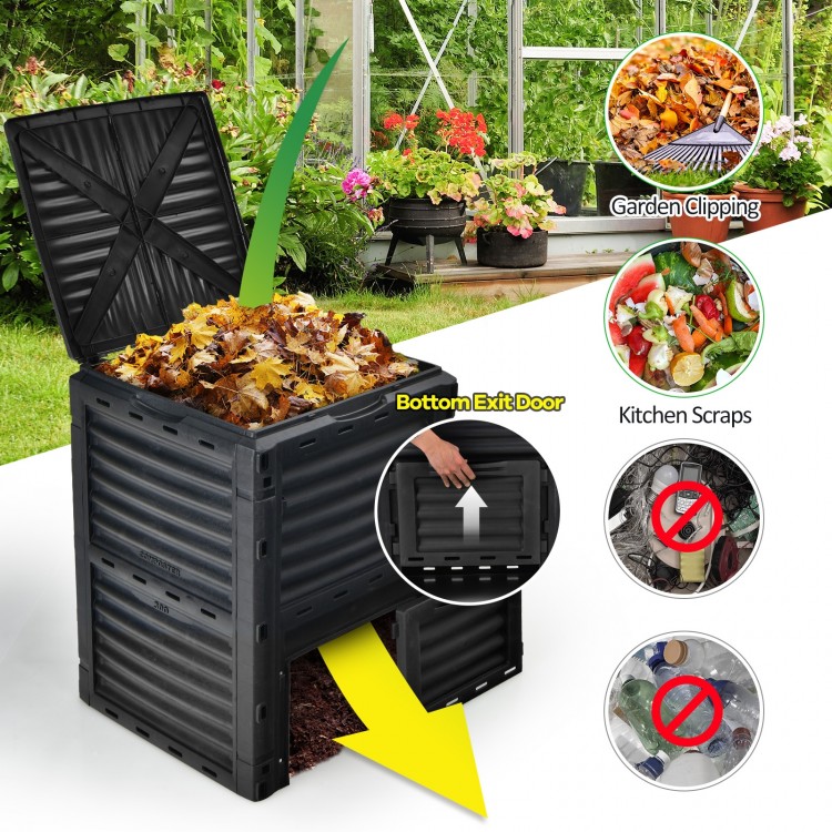 80-gallon outdoor composter with open lid and bottom exit door for easy access to compost and garden clippings.