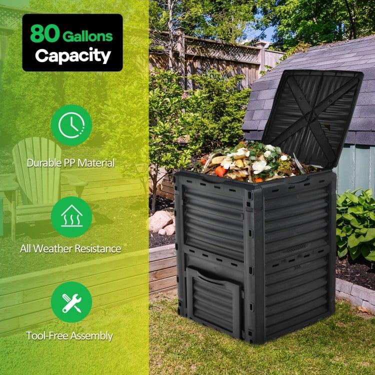 80-gallon outdoor composter in black with large lid and bottom exit door, ideal for garden composting and fertilizer.