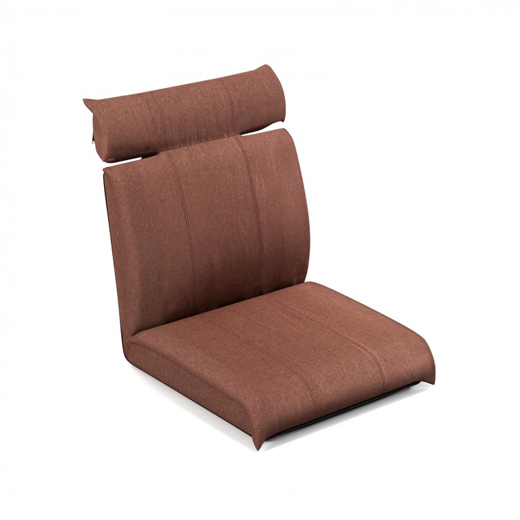 Brown folding floor chair featuring a sleek design and adjustable components, ideal for meditation or casual seating.
