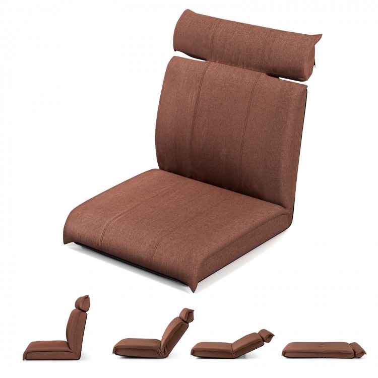 Folding floor chair in brown with 14-position backrest and 5-position headrest, perfect for gaming and relaxation.