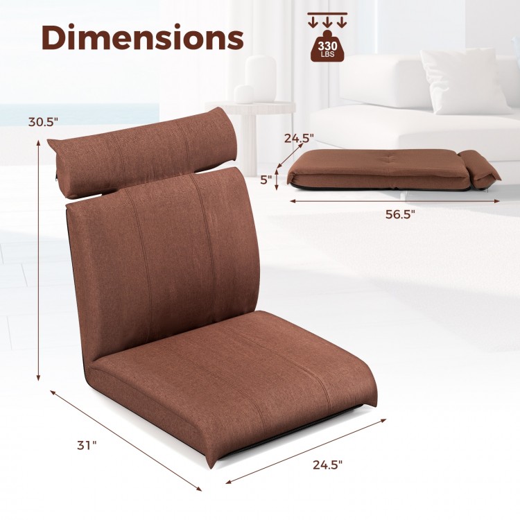 Brown folding floor chair with adjustable backrest and headrest, ideal for lounging, gaming, or reading. Dimensions.