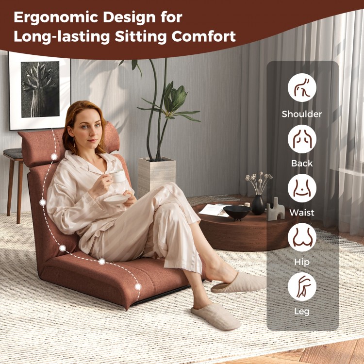 Folding floor chair in brown with adjustable backrest and headrest, perfect for gaming, reading, or napping.