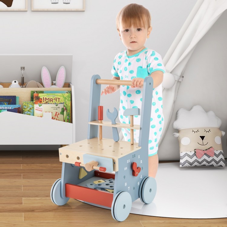 Toddler using a 2-in-1 wooden push walker with activity center, featuring tools, clock, and shape sorters for creative.