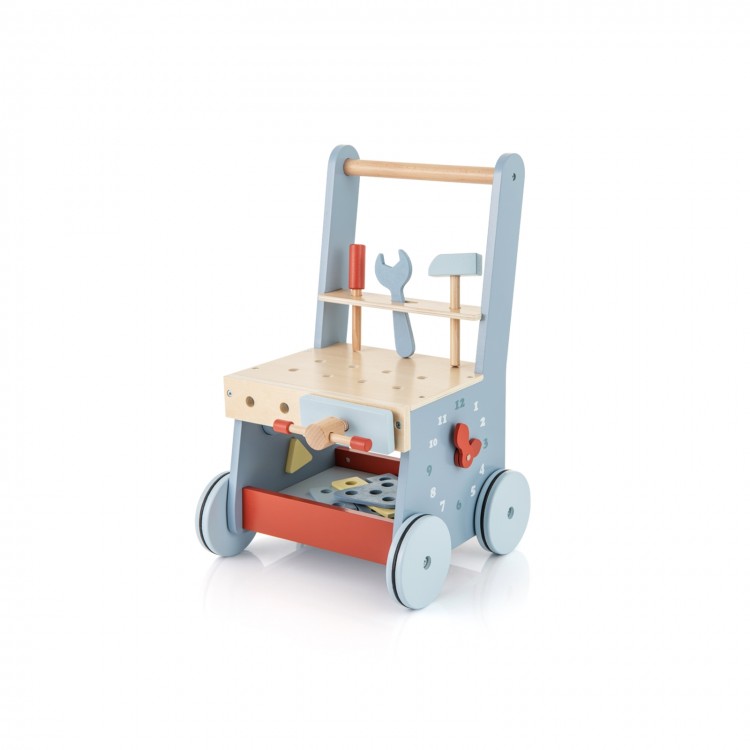 2-in-1 toddler wooden push walker with activity center, featuring tools, shape sorters, and a storage space for toys.