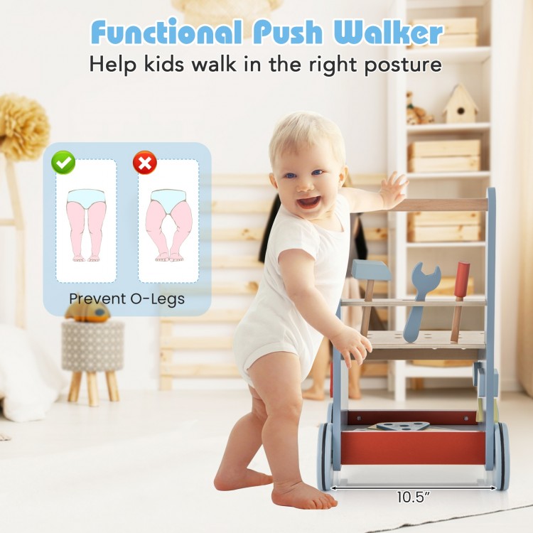 Toddler wooden push walker with activity center, featuring mini tools and a stable 4-point base for safe walking.
