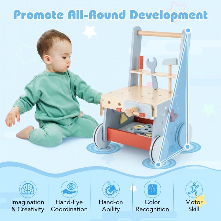 Toddler wooden push walker with activity center, featuring tools, shape sorters, and a stable 4-point base for safe.