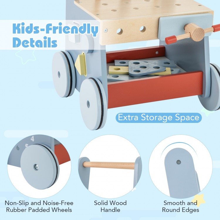 2-in-1 toddler wooden push walker with storage, non-slip wheels, and smooth edges for safe play and creativity.