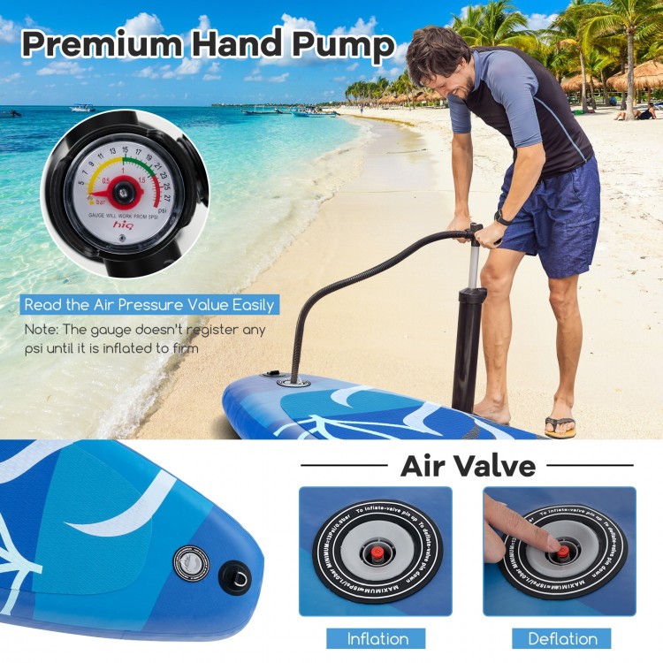 Inflatable stand up paddle board with premium hand pump, pressure gauge, and non-slip EVA pad for stability and safety.