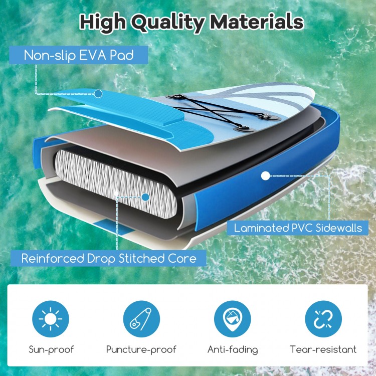 Inflatable stand up paddle board with laminated PVC sidewalls, non-slip EVA pad, and reinforced drop stitch for.