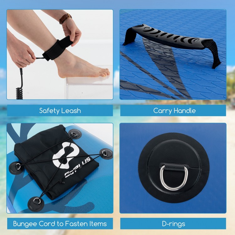 Safety leash, carry handle, bungee cord, and D-rings for the inflatable stand up paddle board accessories.