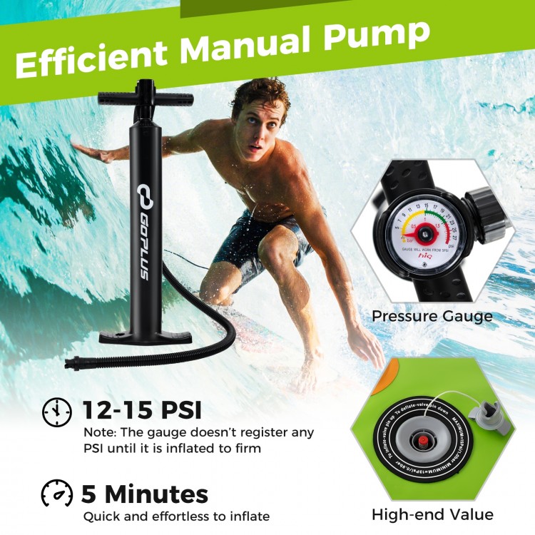 Inflatable stand up paddle board accessories with a manual pump, pressure gauge, and 3 fins for stability and control.