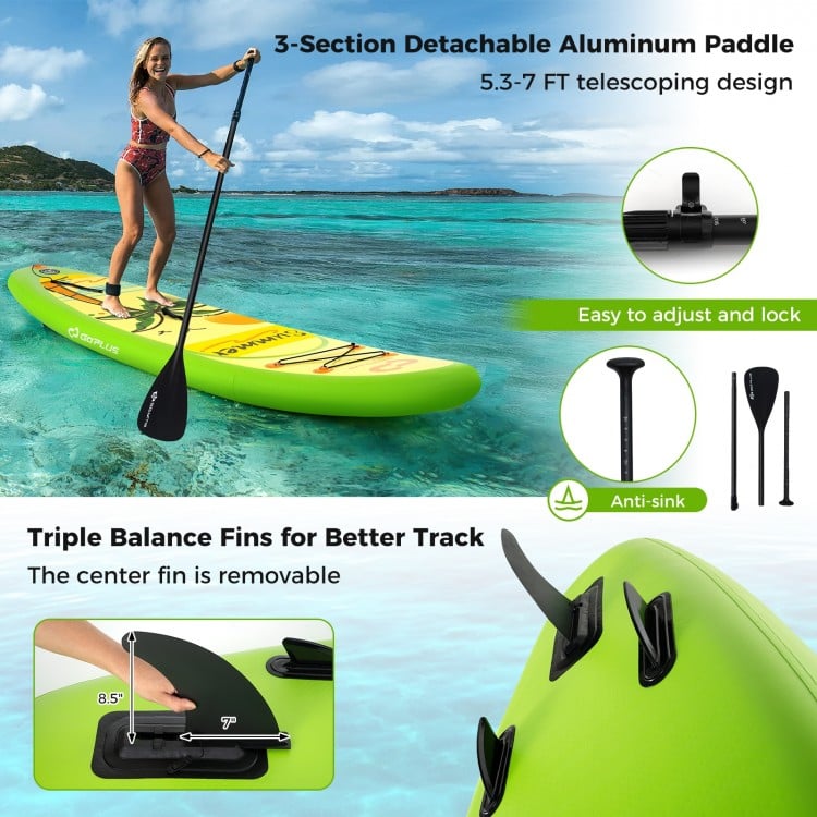 Inflatable stand-up paddle board with 3 fins, anti-slip EVA pad, and adjustable aluminum paddle for stability and.
