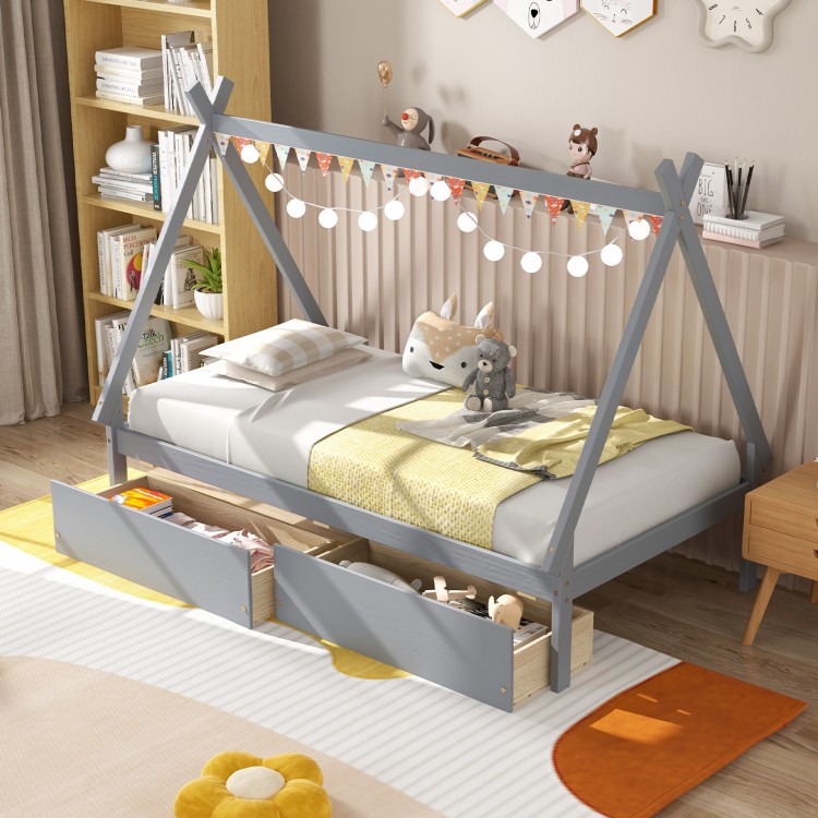 Twin size gray wooden tent platform house bed with two storage drawers, perfect for children's rooms and playful decor.