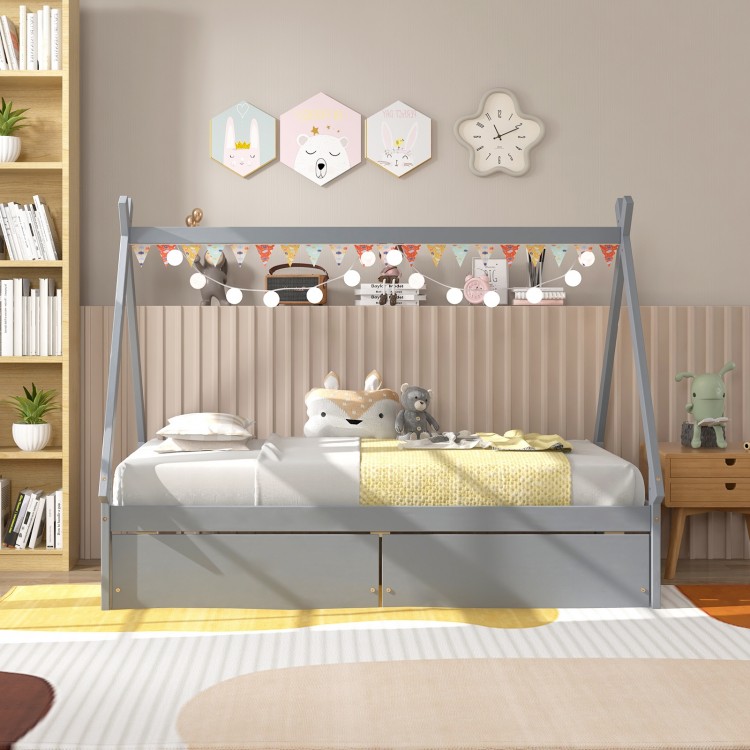 Twin size gray wooden tent platform house bed with two storage drawers, ideal for children's rooms and easy.
