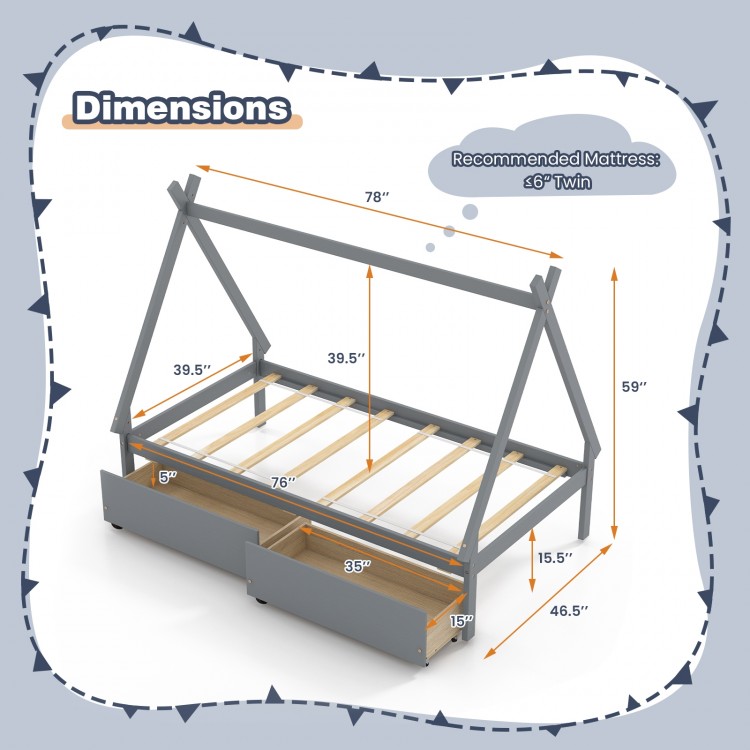 Twin size wooden tent platform house bed in gray with dimensions, featuring two storage drawers for convenience.
