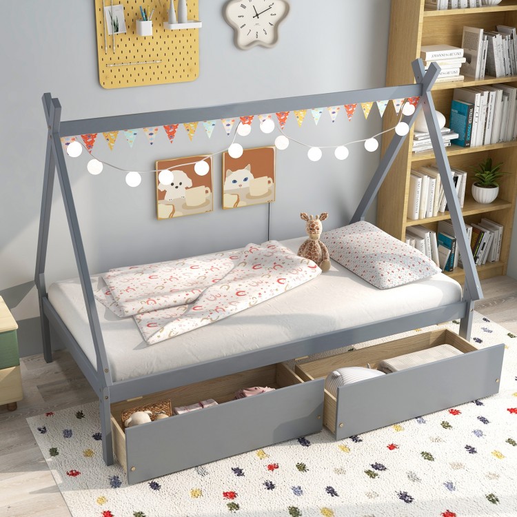 Gray twin size wooden tent platform house bed with two storage drawers, perfect for kids' rooms and playful decor.