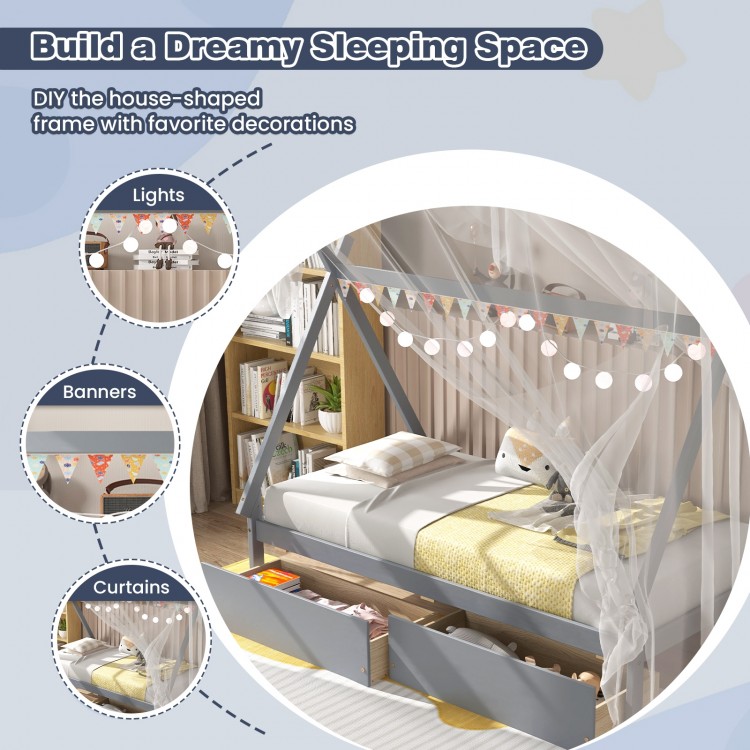 Twin size wooden tent platform house bed in gray with two storage drawers, perfect for creating a cozy sleeping space.