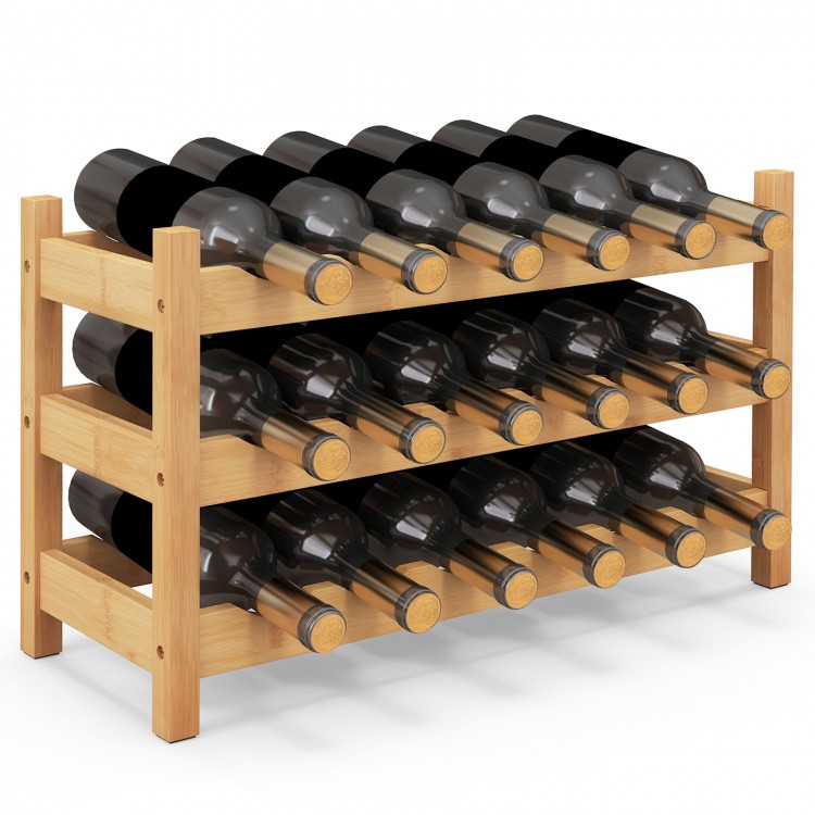 3-tier bamboo wine bottle organizer holding 18 bottles, featuring wave slots for stability and a stylish natural finish.