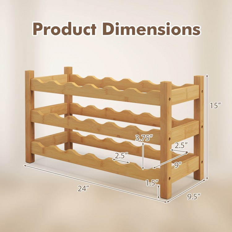 3-tier bamboo wine bottle organizer dimensions showing natural finish, holding 18 bottles for kitchen or bar use.