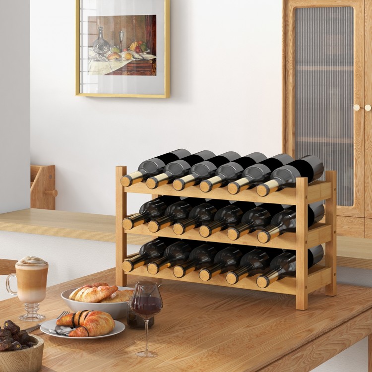 3-tier bamboo wine bottle organizer holding 18 bottles, featuring wave slots for stability, perfect for kitchen or bar.