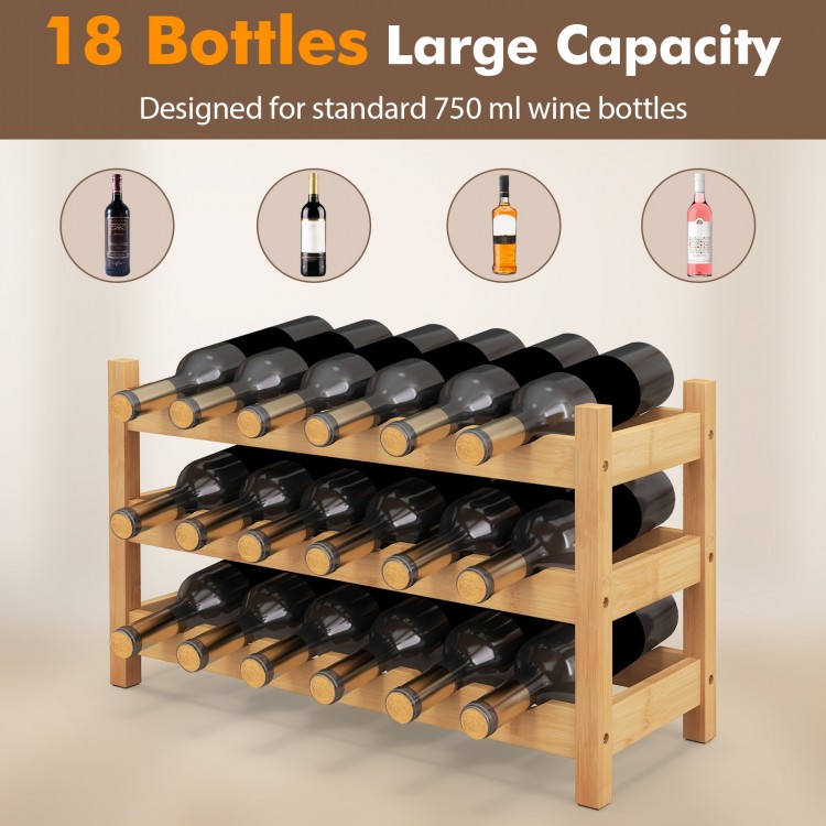 3-tier bamboo wine bottle organizer holding 18 standard 750 ml bottles, featuring wave slots for stability and elegant.