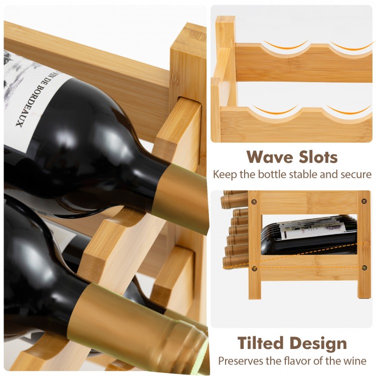 3-tier bamboo wine bottle organizer with wave slots, holding 18 bottles tilted for freshness, ideal for kitchen or bar.
