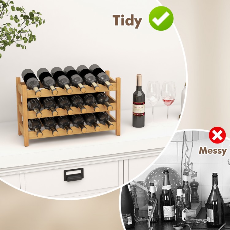 3-tier bamboo wine bottle organizer showcasing elegant texture, securely holding 18 bottles, perfect for stylish.