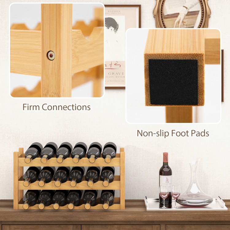3-tier bamboo wine bottle organizer with wave slots, holding 18 bottles, featuring non-slip foot pads for stability.