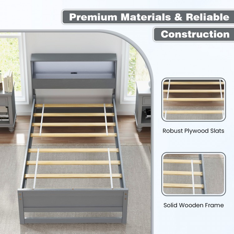 Twin size bed frame in gray with storage headboard, USB port, and sturdy plywood slats for stability and modern style.