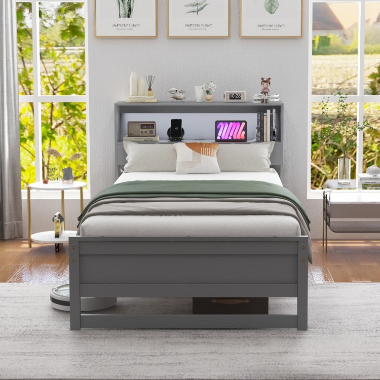 Twin size bed frame in gray with storage headboard, USB charging station, and modern design for stylish bedroom decor.