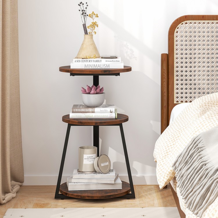 3-tier round side table with a sturdy metal frame, perfect for organization in living rooms or bedrooms.